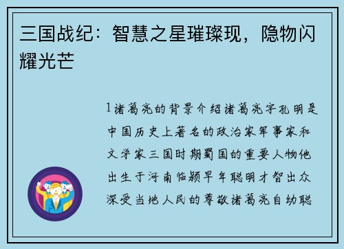 三国战纪：智慧之星璀璨现，隐物闪耀光芒